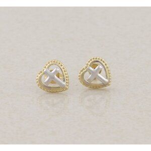 14k Yellow Gold & White Gold Heart Cross Earrings Stud Post 1/4" Round